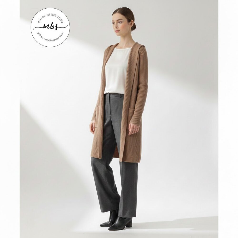 NWT Korye Bobby‎ Knit Long Open Hooded Knee Length Cardigan Gray Tan Women L